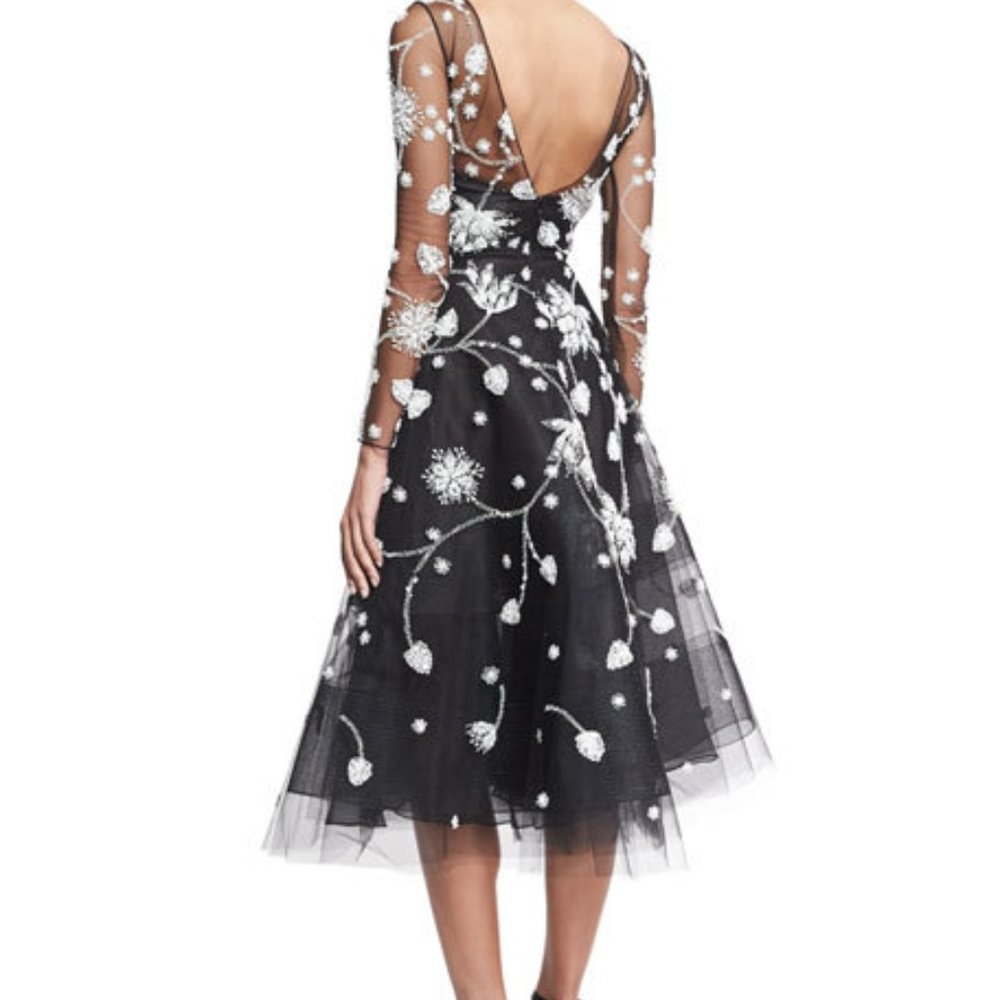 $7,900 OSCAR DE LA RENTA EXCL FLORAL EMBROID BLACK TULLE SILK MIDI DRESS 6 M - Picture 14 of 16